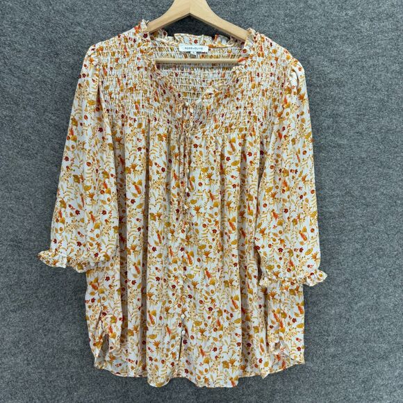 Rose + Olive Blouse Women 1X Plus White Floral V-Neck 3/4 Sleeve Tasseled Casual - Picture 1 of 7